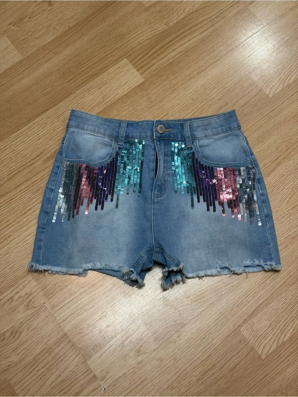 Justice Girls 18 Denim Shorts Sequin Fringe Raw Hem Light Wash Jean Shorts